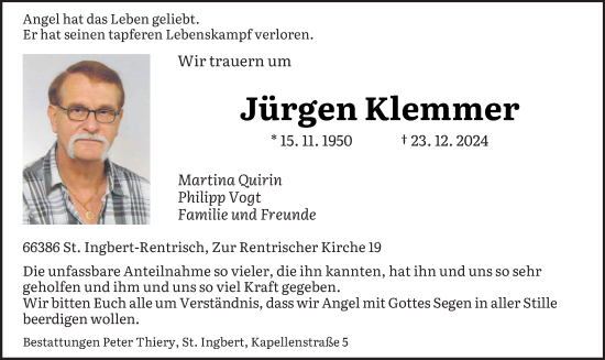 Traueranzeige von Jürgen Klemmer von saarbruecker_zeitung