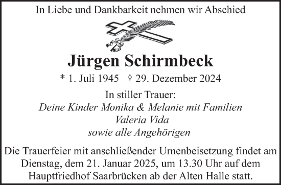 Traueranzeige von Jürgen Schirmbeck von saarbruecker_zeitung