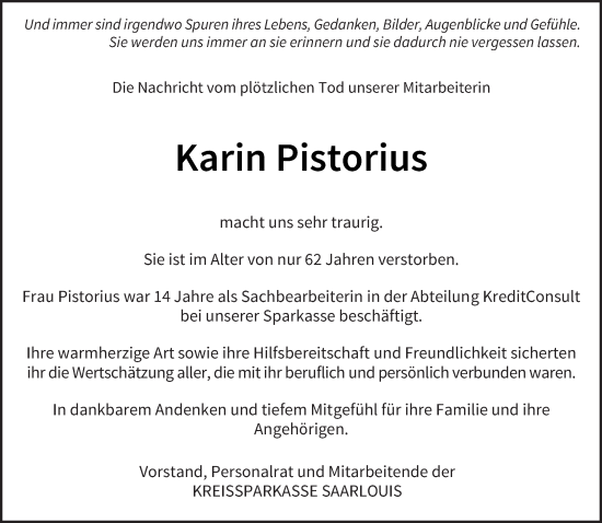 Traueranzeige von Karin Pistorius von saarbruecker_zeitung