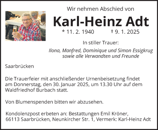 Traueranzeige von Karl-Heinz Adt von saarbruecker_zeitung