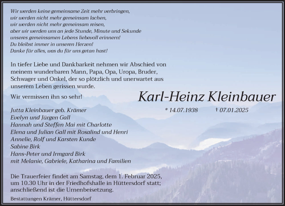  Traueranzeige für Karl-Heinz Kleinbauer vom 18.01.2025 aus saarbruecker_zeitung