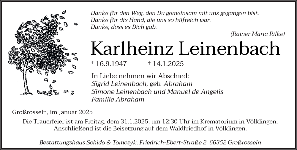  Traueranzeige für Karlheinz Leinenbach vom 25.01.2025 aus saarbruecker_zeitung