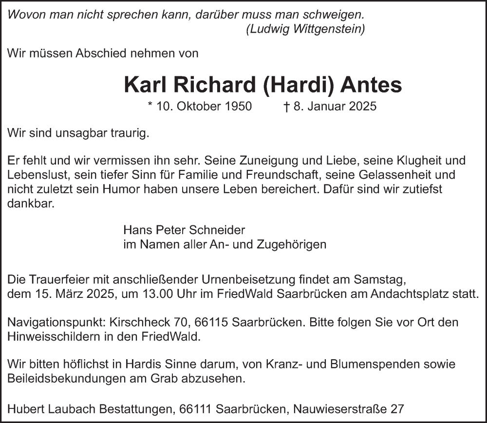  Traueranzeige für Karl Richard Antes vom 18.01.2025 aus saarbruecker_zeitung