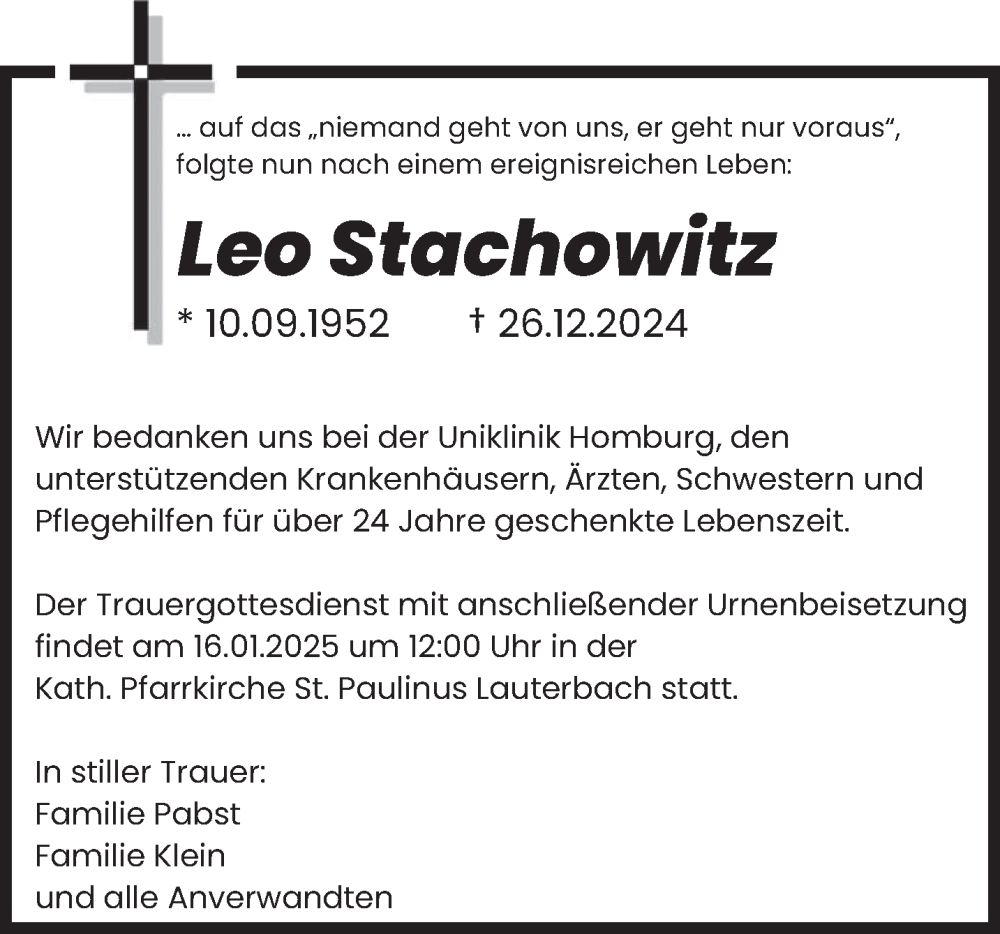  Traueranzeige für Leo Stachowitz vom 03.01.2025 aus saarbruecker_zeitung