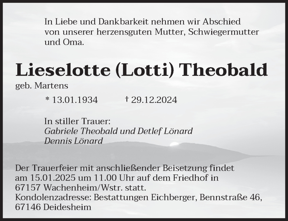  Traueranzeige für Lieselotte Theobald vom 11.01.2025 aus saarbruecker_zeitung