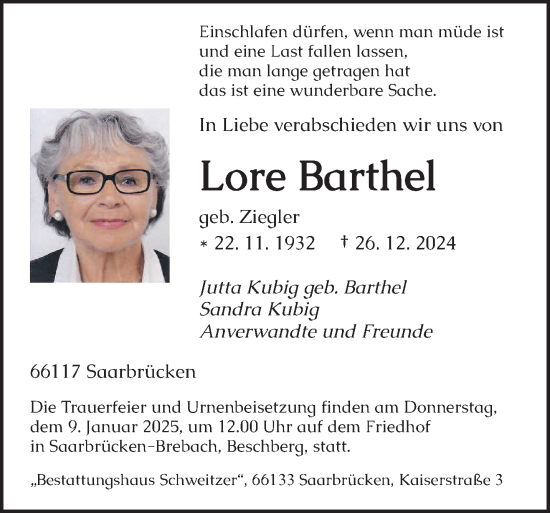 Traueranzeige von Lore Barthel von saarbruecker_zeitung