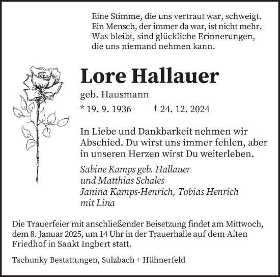 Traueranzeige von Lore Hallauer von saarbruecker_zeitung