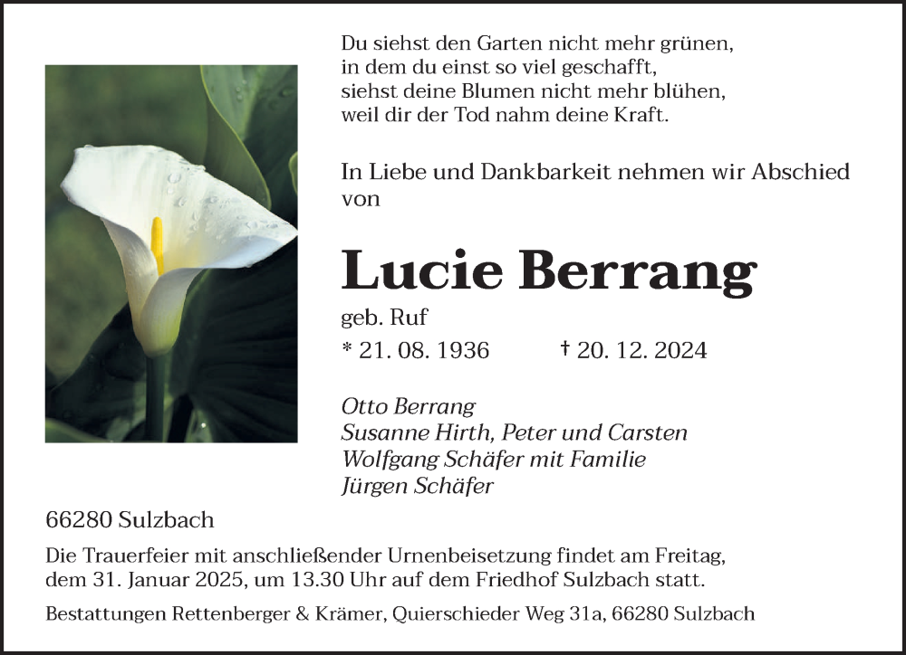  Traueranzeige für Lucie Berrang vom 25.01.2025 aus saarbruecker_zeitung
