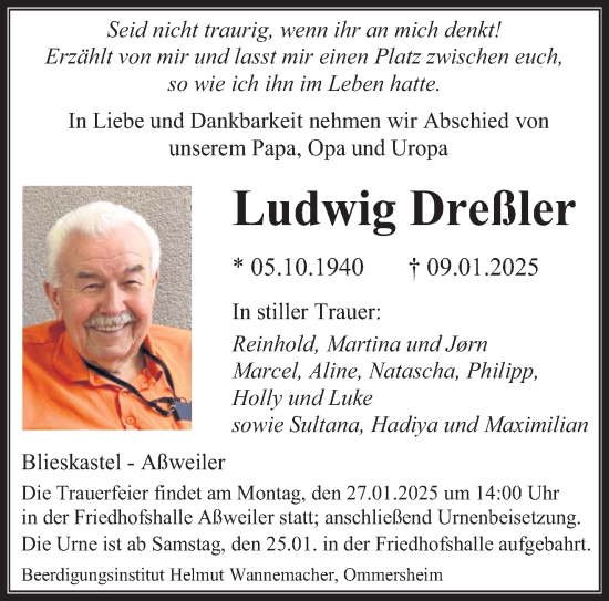 Traueranzeige von Ludwig Dreßler von saarbruecker_zeitung