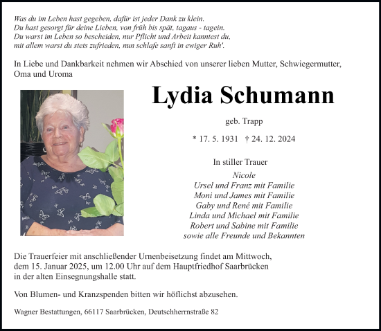 Traueranzeige von Lydia Schumann von saarbruecker_zeitung