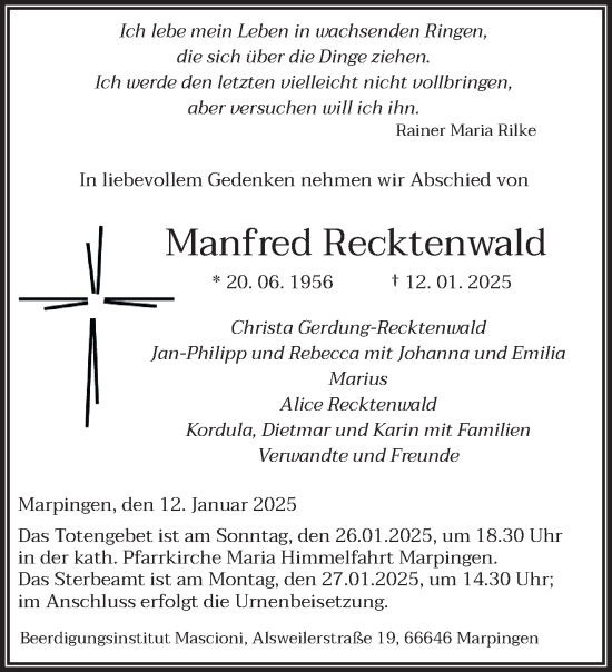 Traueranzeige von Manfred Recktenwald von saarbruecker_zeitung