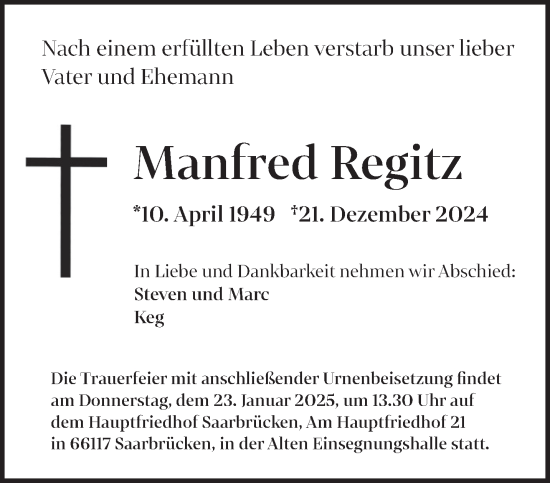 Traueranzeige von Manfred Regitz von saarbruecker_zeitung
