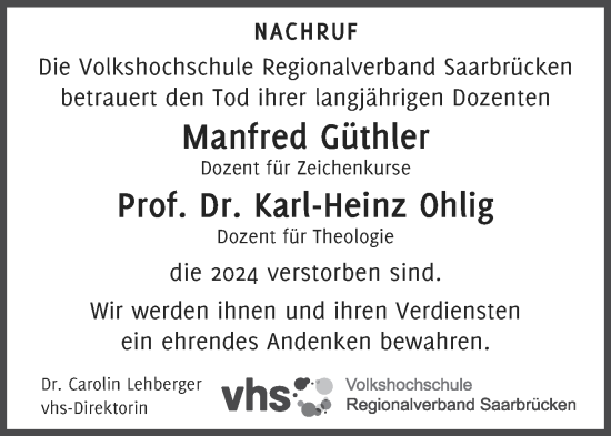 Traueranzeige von Manfred und Karl-Heinz Güthler und Ohlig von saarbruecker_zeitung