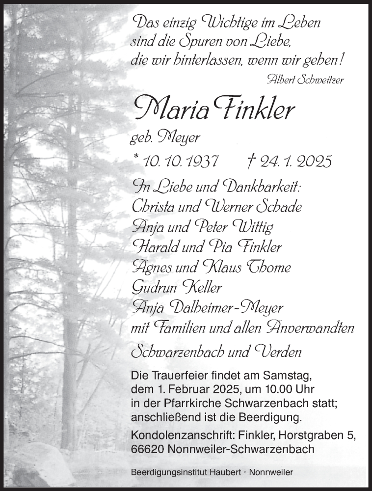  Traueranzeige für Maria Finkler vom 29.01.2025 aus saarbruecker_zeitung