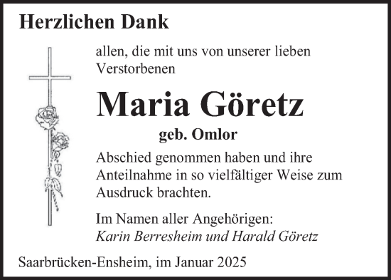 Traueranzeige von Maria Göretz von saarbruecker_zeitung