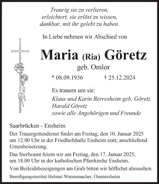 Traueranzeige von Maria Göretz von saarbruecker_zeitung