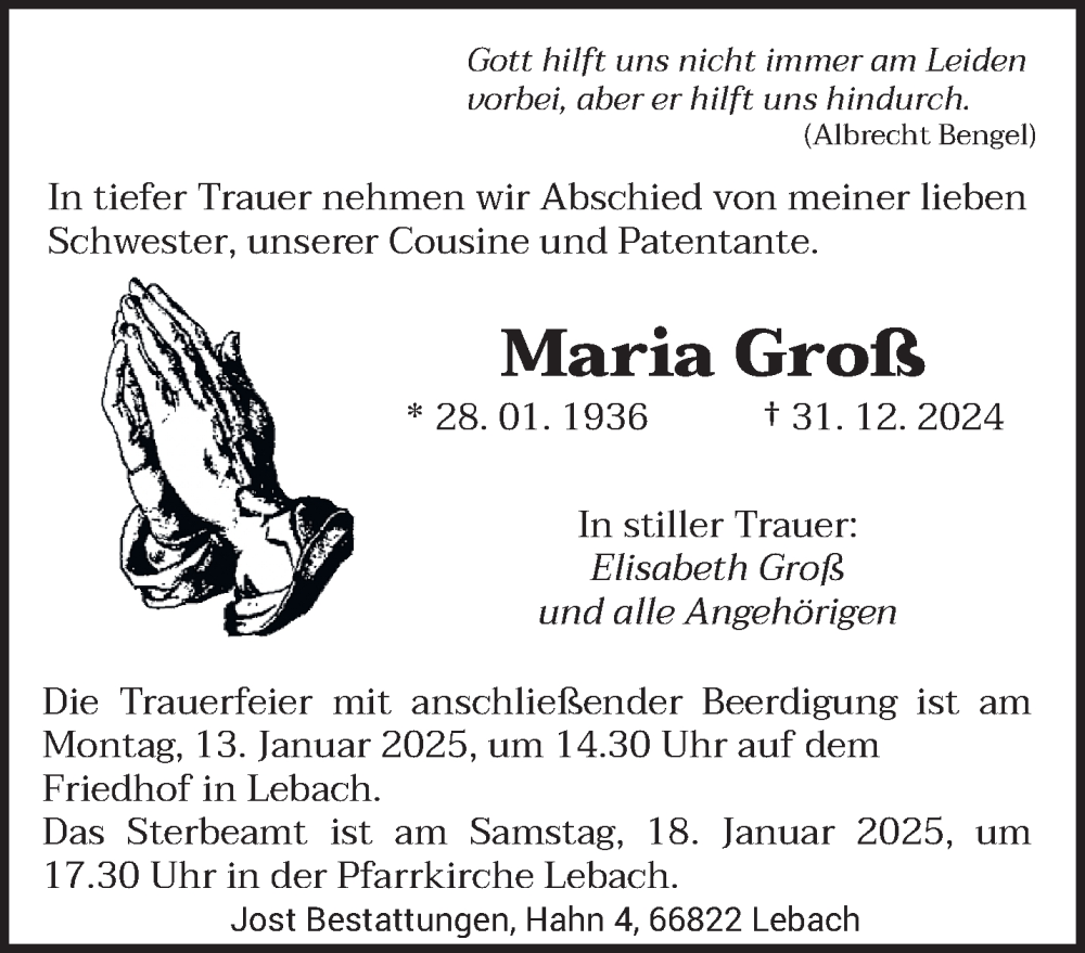  Traueranzeige für Maria Groß vom 04.01.2025 aus saarbruecker_zeitung