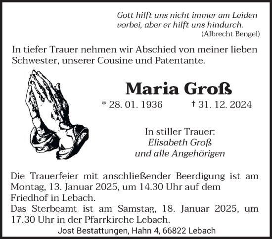 Traueranzeige von Maria Groß von saarbruecker_zeitung