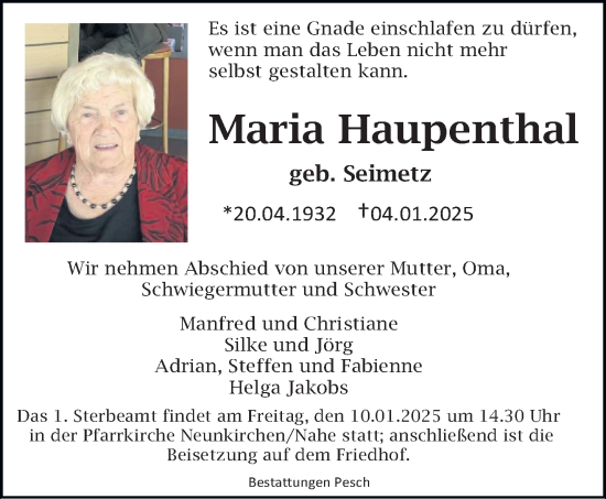 Traueranzeige von Maria Haupenthal von saarbruecker_zeitung