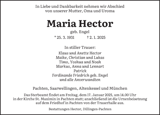 Traueranzeige von Maria Hector von saarbruecker_zeitung