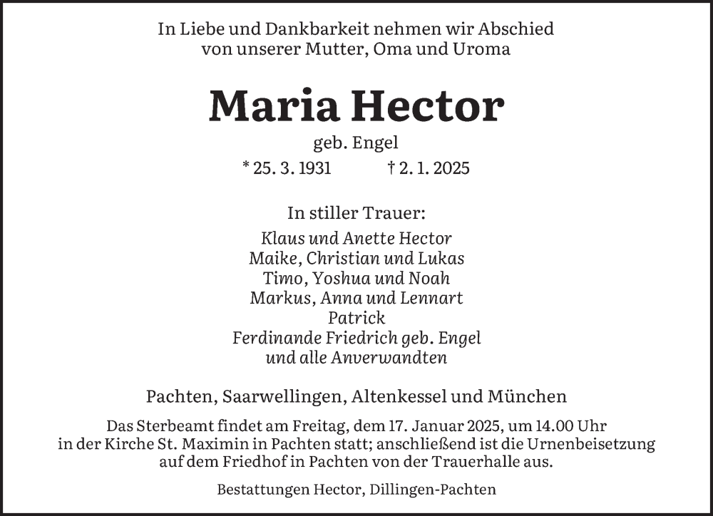  Traueranzeige für Maria Hector vom 11.01.2025 aus saarbruecker_zeitung