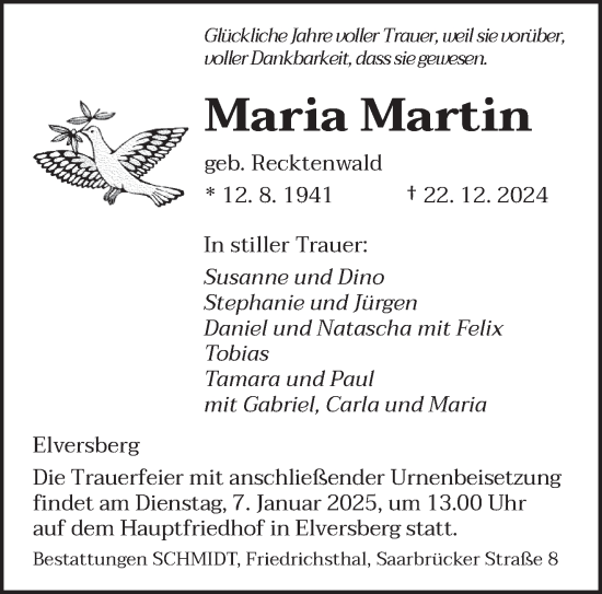 Traueranzeige von Maria Martin von saarbruecker_zeitung