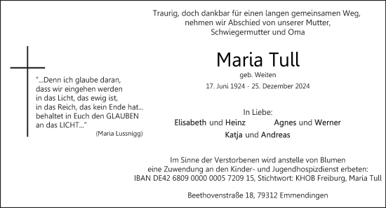 Traueranzeige von Maria Tull von saarbruecker_zeitung