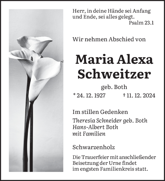 Traueranzeige von Maria Alexa Schweitzer von saarbruecker_zeitung