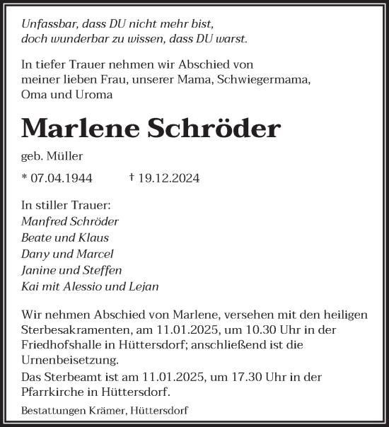 Traueranzeige von Marlene Schröder von saarbruecker_zeitung