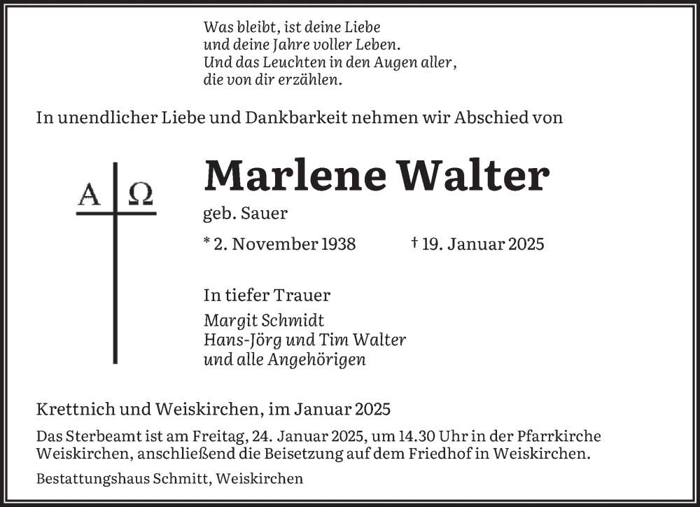  Traueranzeige für Marlene Walter vom 22.01.2025 aus saarbruecker_zeitung