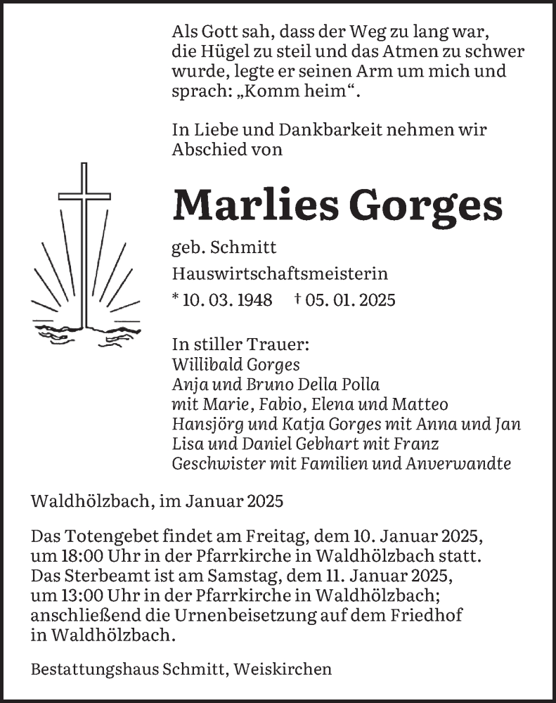  Traueranzeige für Marlies Gorges vom 09.01.2025 aus saarbruecker_zeitung