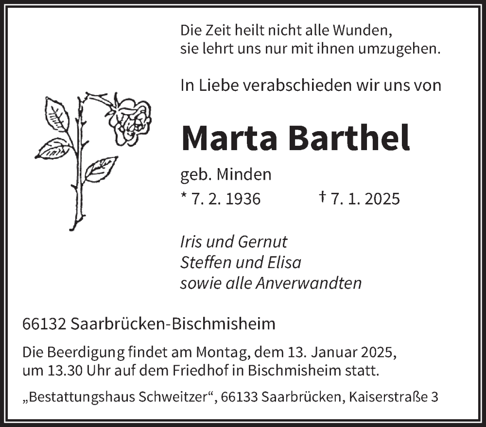  Traueranzeige für Marta Barthel vom 09.01.2025 aus saarbruecker_zeitung