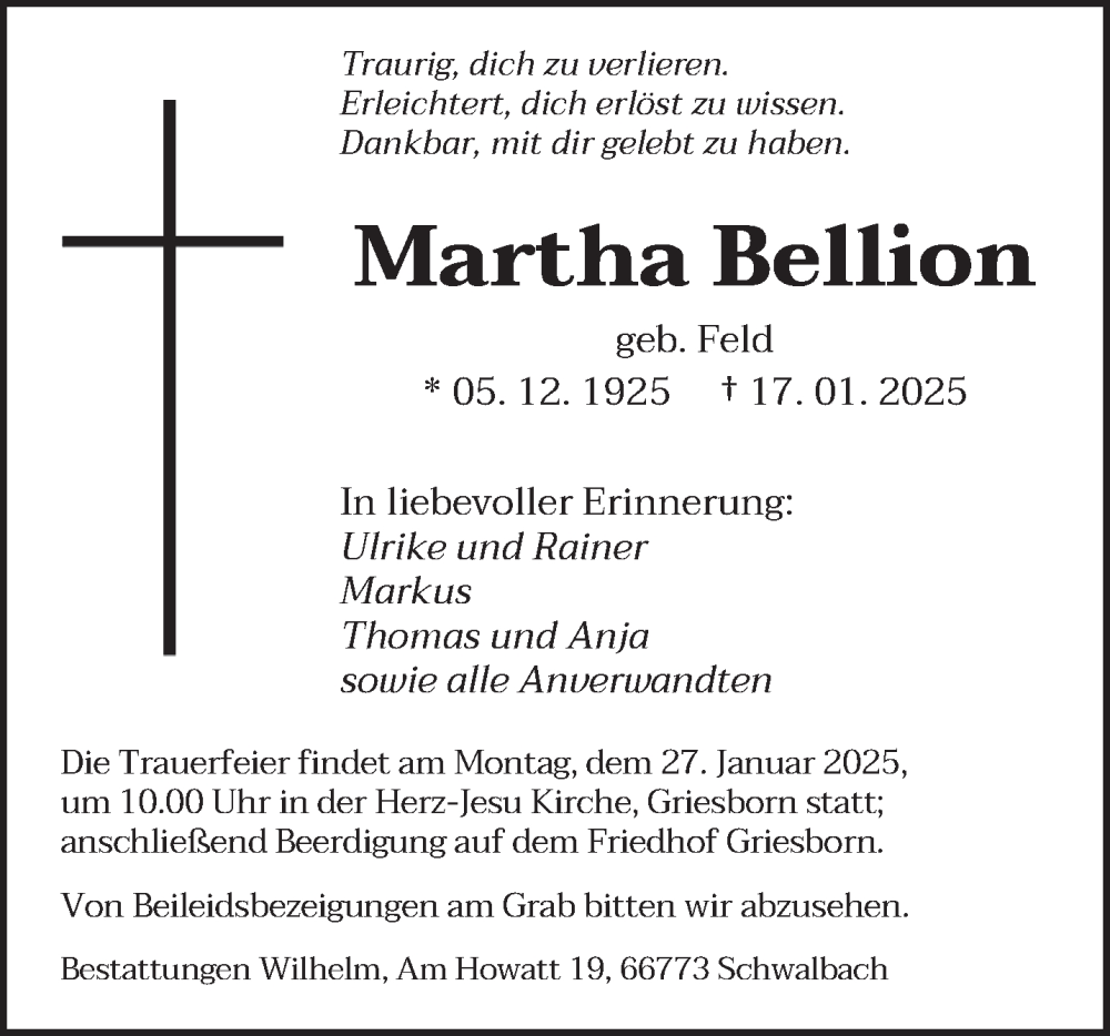  Traueranzeige für Martha Bellion vom 25.01.2025 aus saarbruecker_zeitung