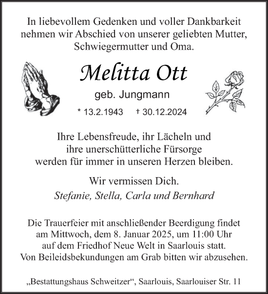 Traueranzeige von Melitta Ott von saarbruecker_zeitung