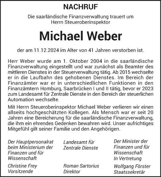 Traueranzeige von Michael Weber von saarbruecker_zeitung