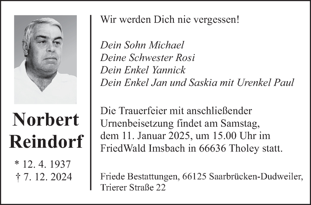  Traueranzeige für Norbert Reindorf vom 04.01.2025 aus saarbruecker_zeitung