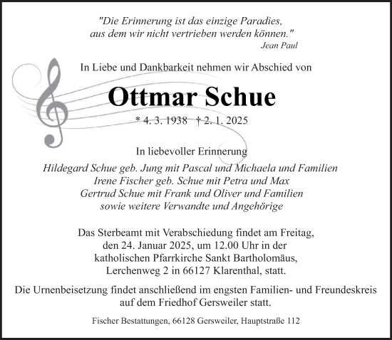 Traueranzeige von Ottmar Schue von saarbruecker_zeitung