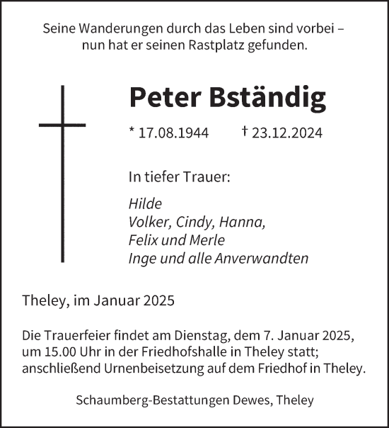 Traueranzeige von Peter Bständig von saarbruecker_zeitung