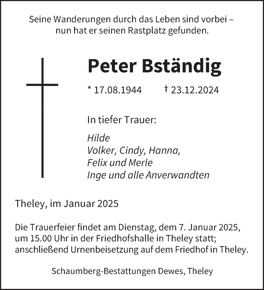  Traueranzeige für Peter Bständig vom 04.01.2025 aus saarbruecker_zeitung