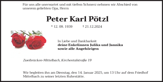 Traueranzeige von Peter Karl Pötzl von saarbruecker_zeitung