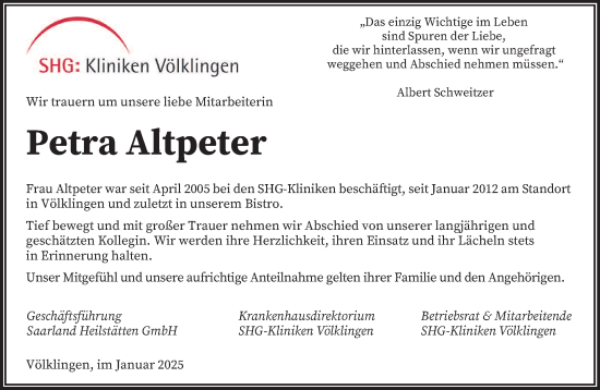 Traueranzeige von Petra Altpeter von saarbruecker_zeitung