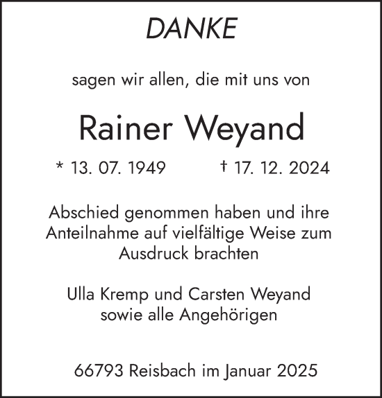 Traueranzeige von Rainer Weyand von saarbruecker_zeitung