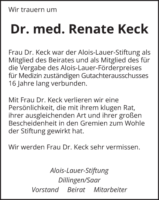 Traueranzeige von Renate Keck von saarbruecker_zeitung