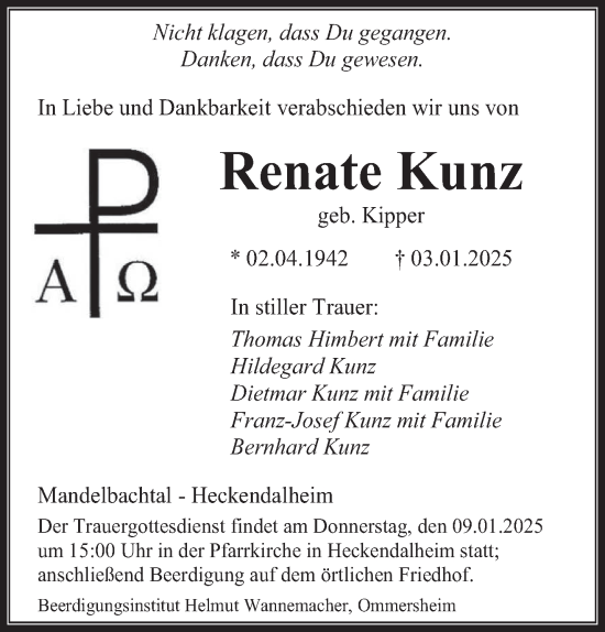 Traueranzeige von Renate Kunz von saarbruecker_zeitung