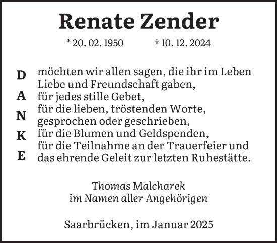 Traueranzeige von Renate Zender von saarbruecker_zeitung