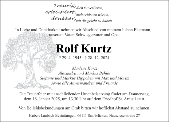 Traueranzeige von Rolf Kurtz von saarbruecker_zeitung