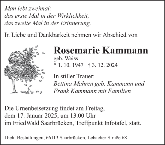 Traueranzeige von Rosemarie Kammann von saarbruecker_zeitung