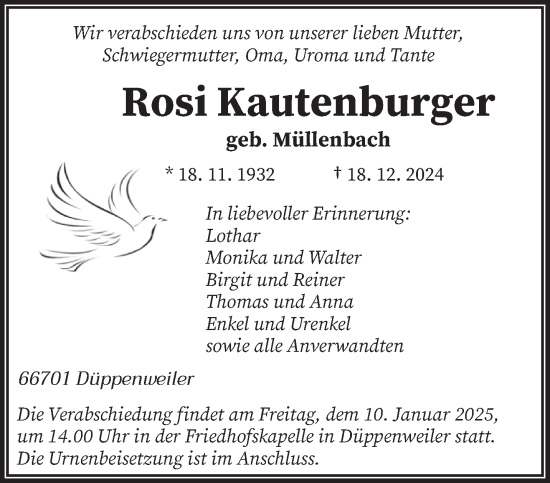 Traueranzeige von Rosi Kautenburger von saarbruecker_zeitung