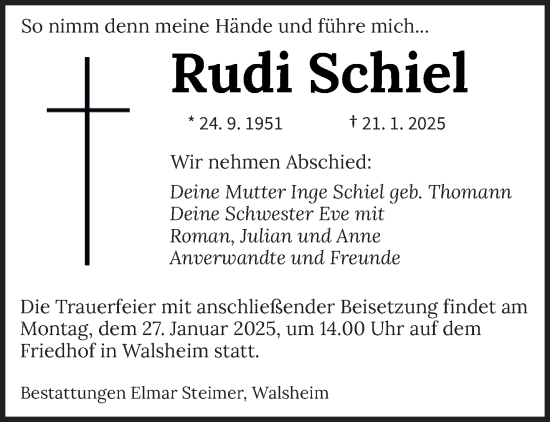 Traueranzeige von Rudi Schiel von saarbruecker_zeitung