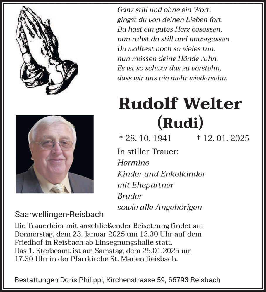  Traueranzeige für Rudolf Welter vom 18.01.2025 aus saarbruecker_zeitung